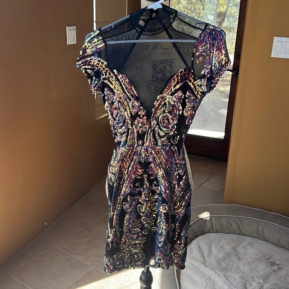 NWOT Lucy in the Sky Black Multi Sequin Open Back Mini Dress Size Medium - Picture 2 of 9
